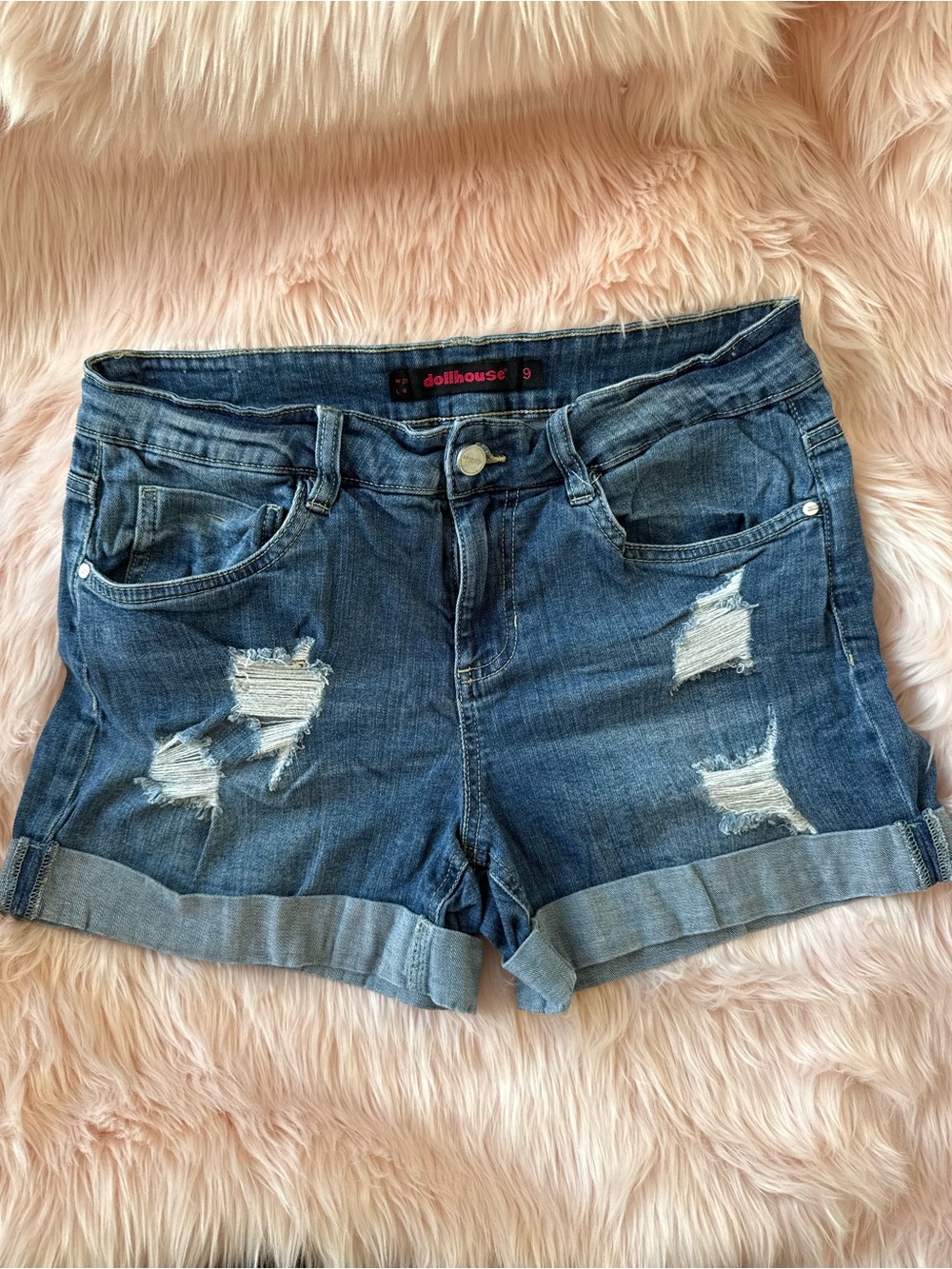 Dollhouse Y2K Distressed Roll-Cuff Denim Shorts Size 9